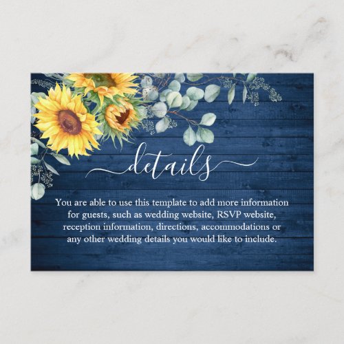 Watercolor Sunflowers Eucalyptus Wedding Details  Enclosure Card