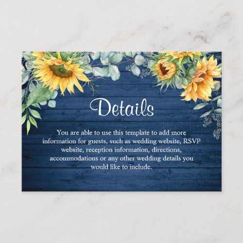 Watercolor Sunflowers Eucalyptus Wedding Details Enclosure Card