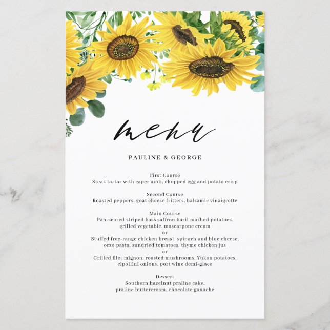 Watercolor Sunflowers Eucalyptus Wedding Menu Card (Front)