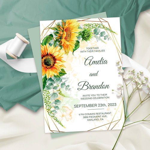 Watercolor Sunflowers Faux Gold Foil Frame Wedding Invitation