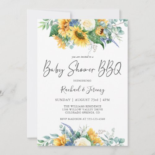 Watercolor Sunflowers Floral Baby Shower BBQ Invitation