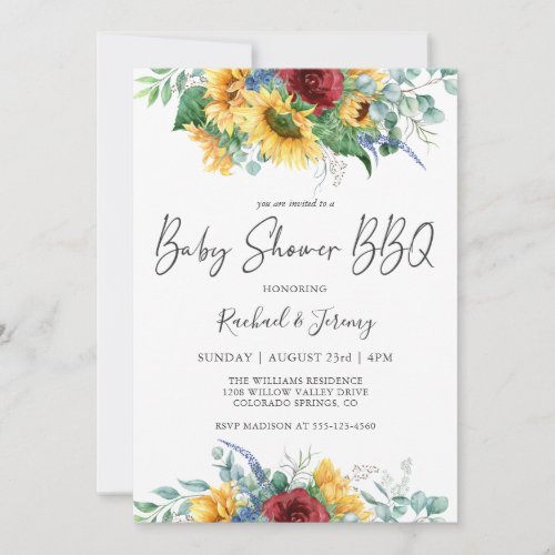 Watercolor Sunflowers Floral Baby Shower BBQ Invitation