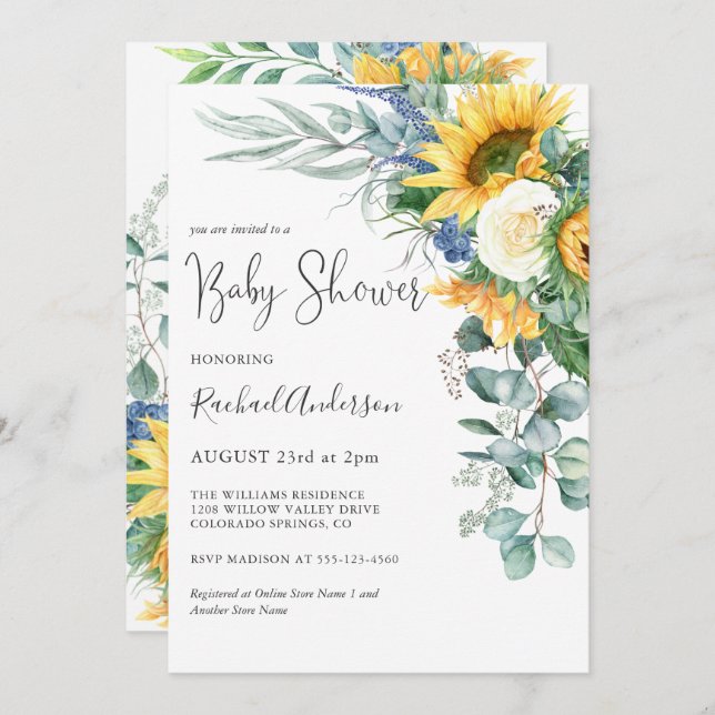 Watercolor Sunflowers Floral Baby Shower Invitation (Front/Back)