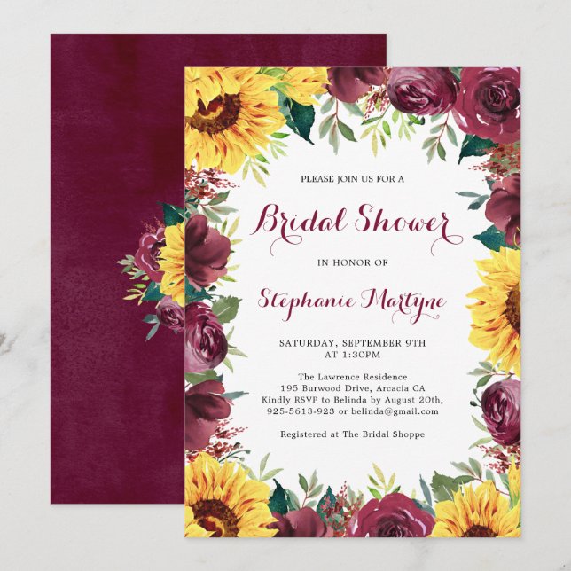 Watercolor Sunflowers Floral Border Bridal Shower Invitation (Front/Back)