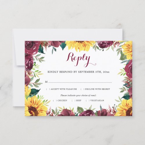 Watercolor Sunflowers Floral Border Wedding Meal RSVP Card