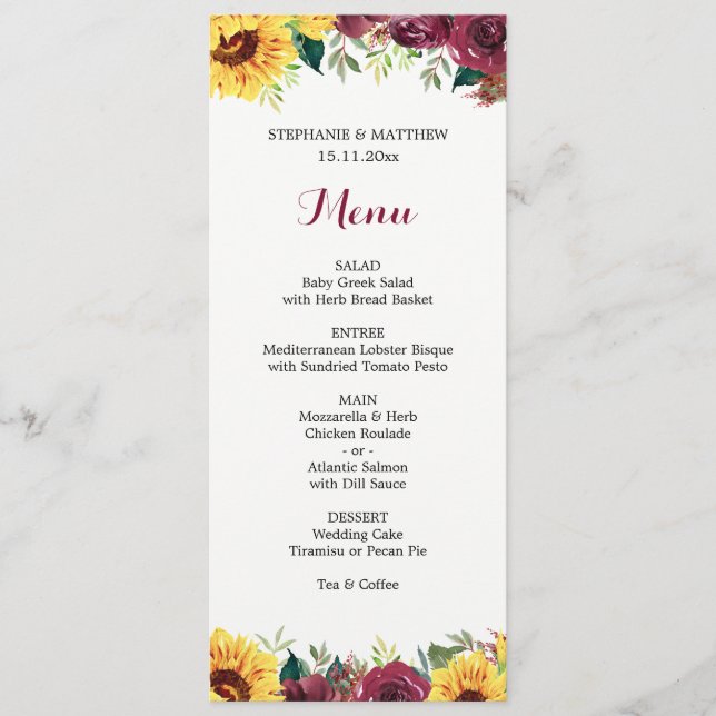Watercolor Sunflowers Floral Border Wedding Menu (Front)