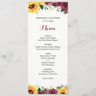 Watercolor Sunflowers Floral Border Wedding Menu