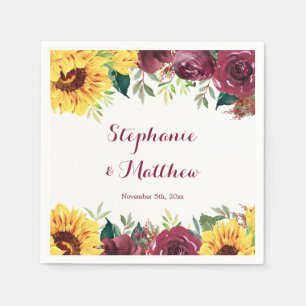Watercolor Sunflowers Floral Border Wedding Napkins