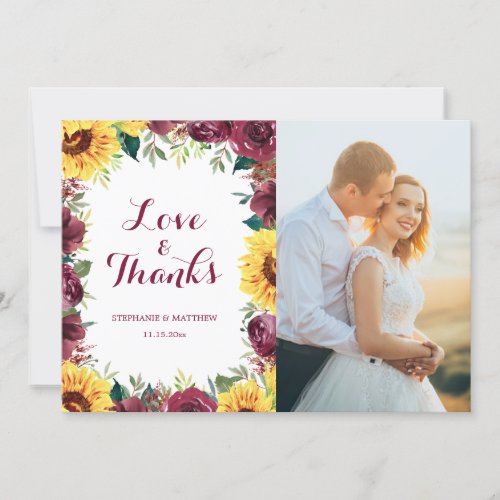 Watercolor Sunflowers Floral Border Wedding Photo Thank You Card