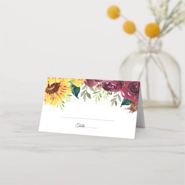 Watercolor Sunflowers Floral Border Wedding Place Card (Front)
