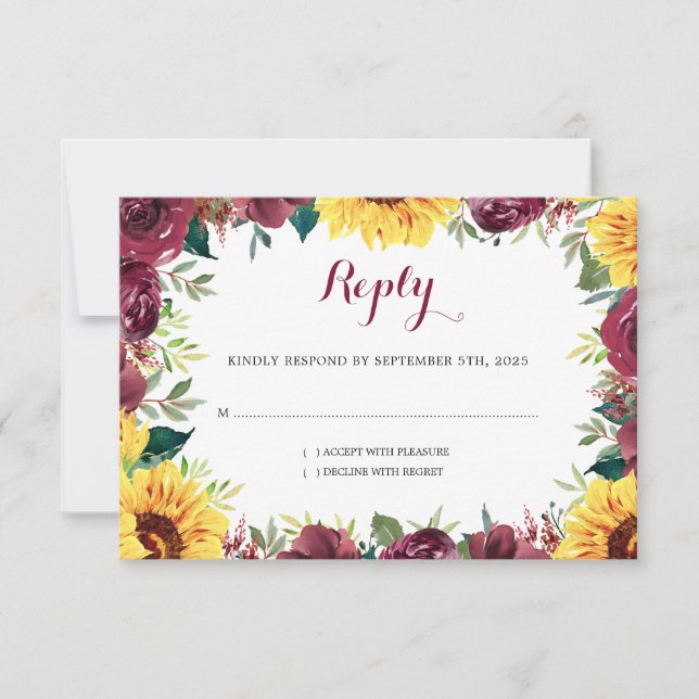 Watercolor Sunflowers Floral Border Wedding RSVP Card (Front)