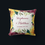 Watercolor Sunflowers Floral Border Wedding Throw Pillow<br><div class="desc">This pillow features watercolor sunflowers, burgundy roses and green leaf foliage. Personalize it with names and date. This pillow is part of a collection which includes matching wedding stationery and gifts. Please visit our store or our collection pages to see the full range of products that you can personalize for...</div>