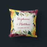 Watercolor Sunflowers Floral Border Wedding Throw Pillow<br><div class="desc">This pillow features watercolor sunflowers, burgundy roses and green leaf foliage. Personalize it with names and date. This pillow is part of a collection which includes matching wedding stationery and gifts. Please visit our store or our collection pages to see the full range of products that you can personalize for...</div>