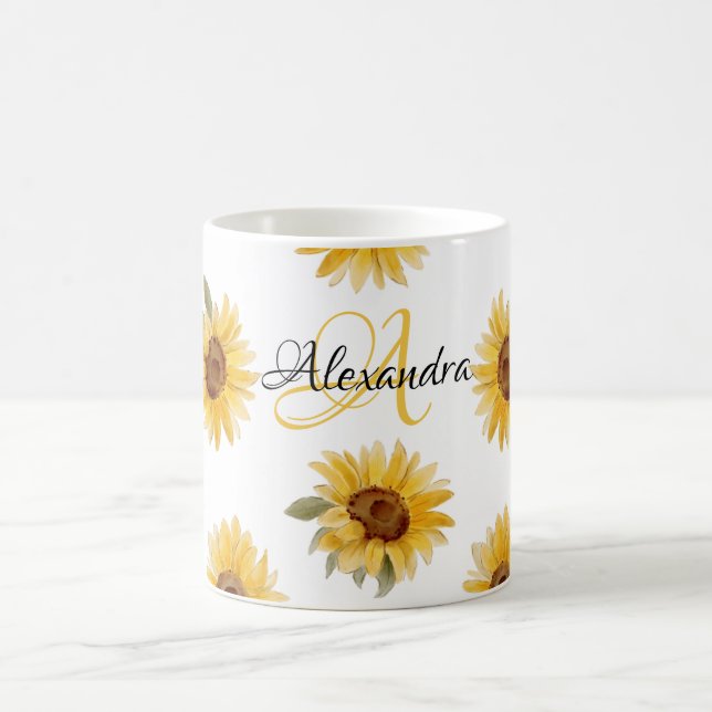 Watercolor Sunflowers | Floral Name & Monogram Mug (Center)