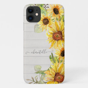 Watercolor Sunflowers Floral Rustic Wood Country iPhone 11 Case