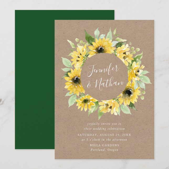 Watercolor Sunflowers Floral Wreath Rustic Wedding Invitation (Front/Back)