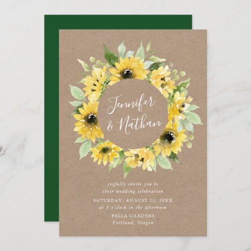 Watercolor Sunflowers Floral Wreath Rustic Wedding Invitation