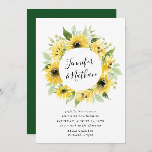 Watercolor Sunflowers Floral Wreath  Wedding Invitation