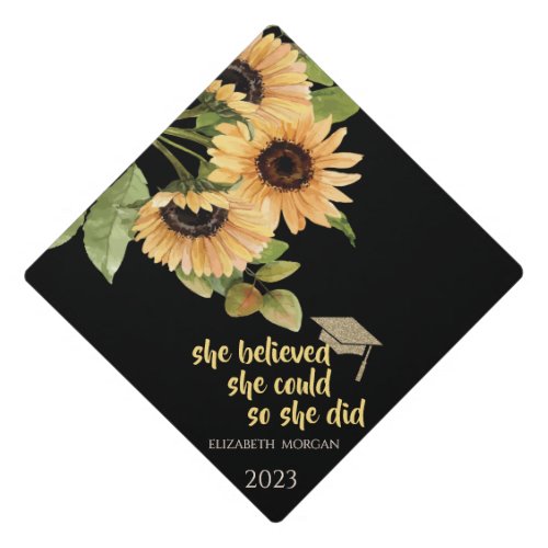Watercolor Sunflowers Glitter Graduate Cap