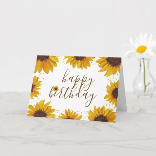 Watercolor Sunflowers  Gold Dots Happy Birthday Card