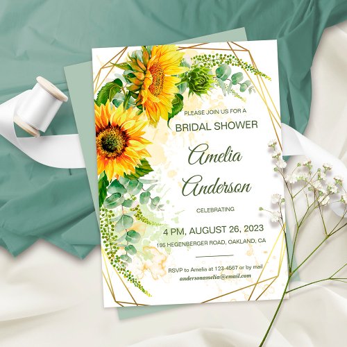 Watercolor Sunflowers Gold Frame Bridal Shower Invitation