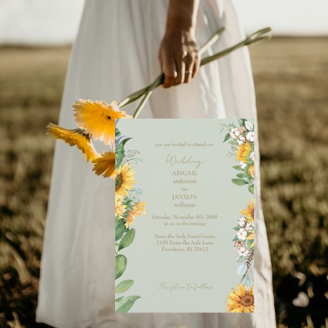 Watercolor Sunflowers Gold Text Sage Wedding Invitation (Creator Uploaded)