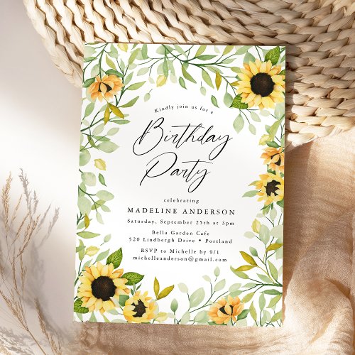 Watercolor Sunflowers  Greenery Birthday Party Invitation