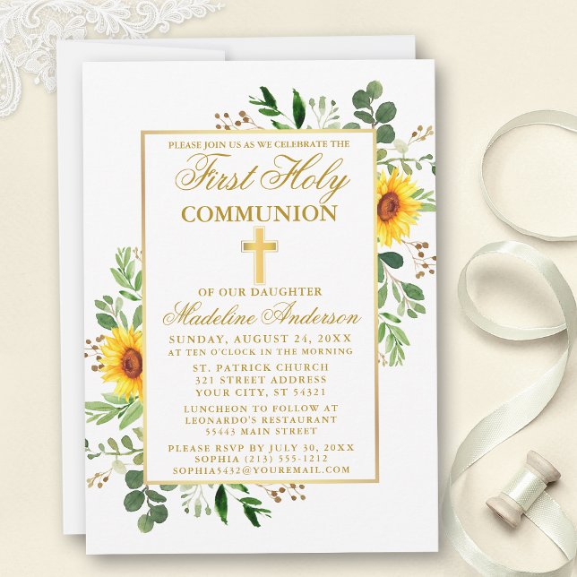 Watercolor Sunflowers Greenery First Communion Invitation (Customize to change text color, size, style or to add photos or more text to back of card.)