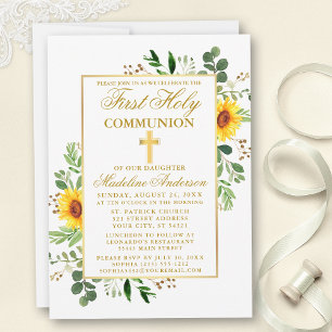 Watercolor Sunflowers Greenery First Communion Invitation