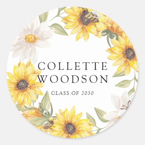 Watercolor Sunflowers Greenery Graduation  Classic Round Sticker