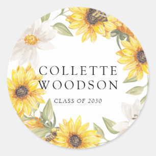 Watercolor Sunflowers Greenery Graduation Classic Round Sticker