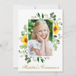 Watercolor Sunflowers Greenery Photo Communion Invitation