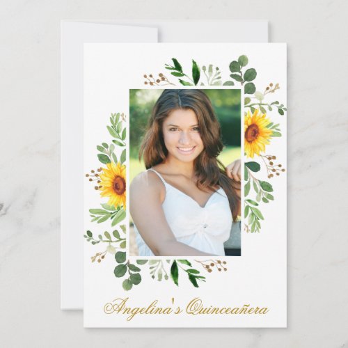 Watercolor Sunflowers Greenery Photo Quinceanera Invitation