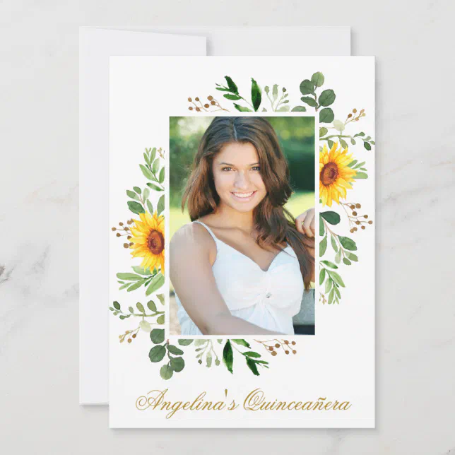 Watercolor Sunflowers Greenery Photo Quinceanera Invitation | Zazzle