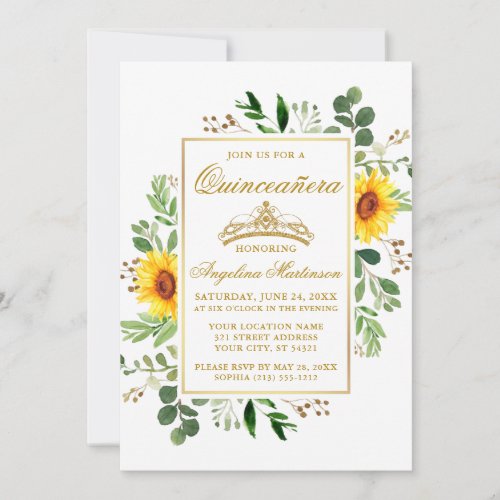 Watercolor Sunflowers Greenery Quinceanera Gold Invitation