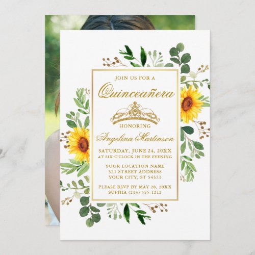 Watercolor Sunflowers Greenery Quinceanera Photo Invitation