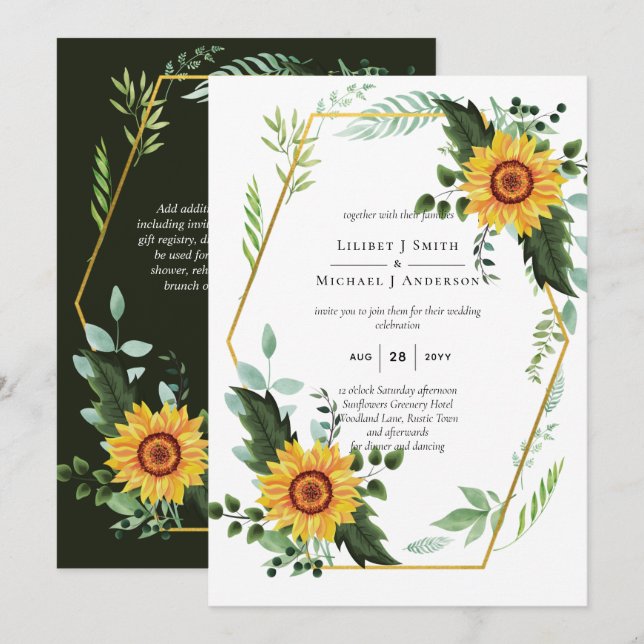 Watercolor SUNFLOWERS Greenery Rustic Wedding Invitation (Front/Back)