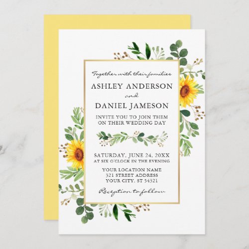 Watercolor Sunflowers Greenery Wedding Invitation
