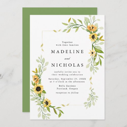 Watercolor Sunflowers  Greenery Wedding Invitation