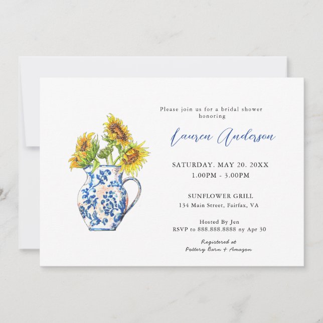 Watercolor sunflowers in vase Bridal shower  Announcement (Front)