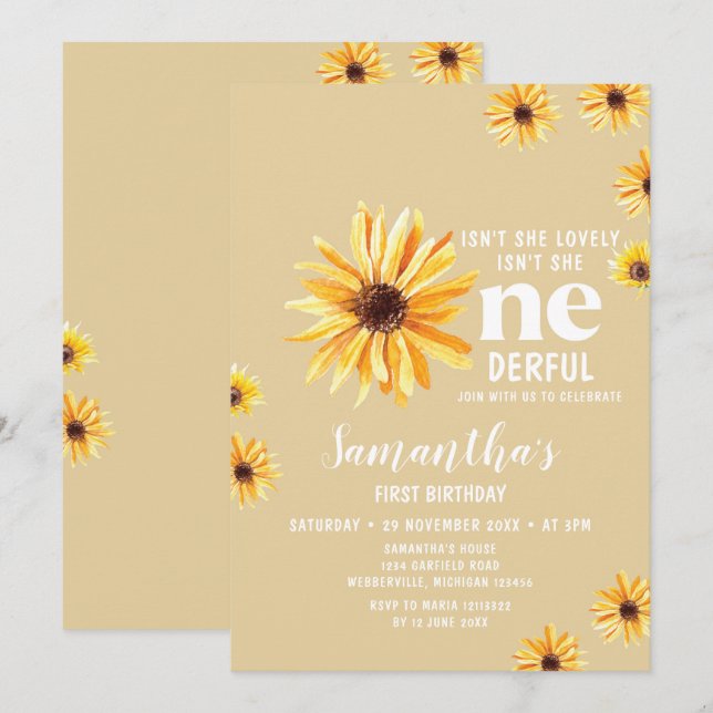 Watercolor Sunflowers Isn't She Onederful Birthday Invitation (Front/Back)