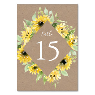 Watercolor Sunflowers Kraft Paper Wedding Table Number