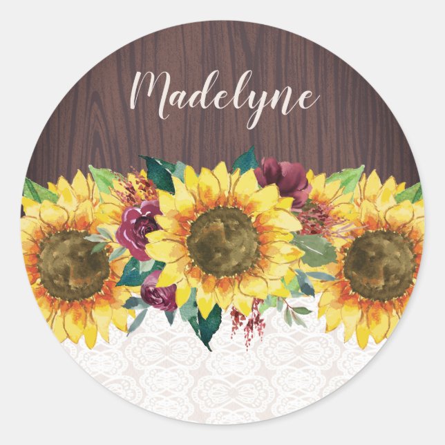 Watercolor Sunflowers Lace Wood Rustic Name Classic Round Sticker (Front)