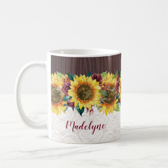 Watercolor Sunflowers Lace Wood Rustic Name Coffee Mug (Left)