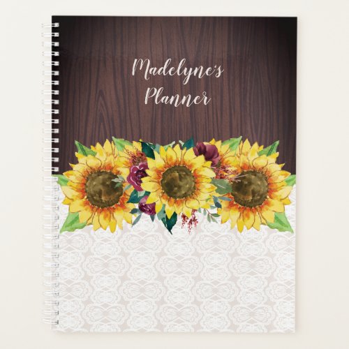 Watercolor Sunflowers Lace Wood Rustic Name Planner