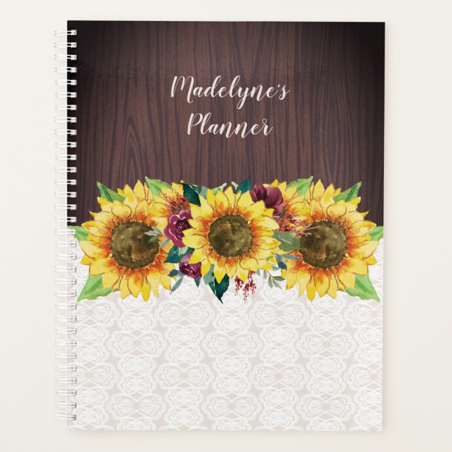 Watercolor Sunflowers Lace Wood Rustic Name Planner (Front)