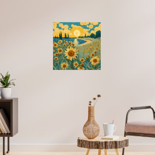 Watercolor Sunflowers Landscape in Van Gogh Style Poster