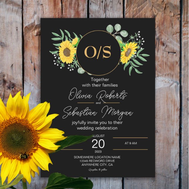 Watercolor Sunflowers Monogram Black Wedding Invitation (Creator Uploaded)