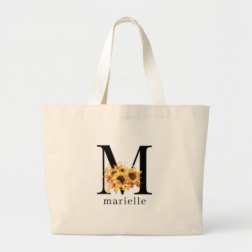 Watercolor Sunflowers Monogram Floral Tote