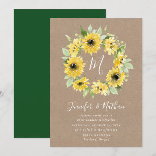 Watercolor Sunflowers Monogram Wreath Wedding Invitation